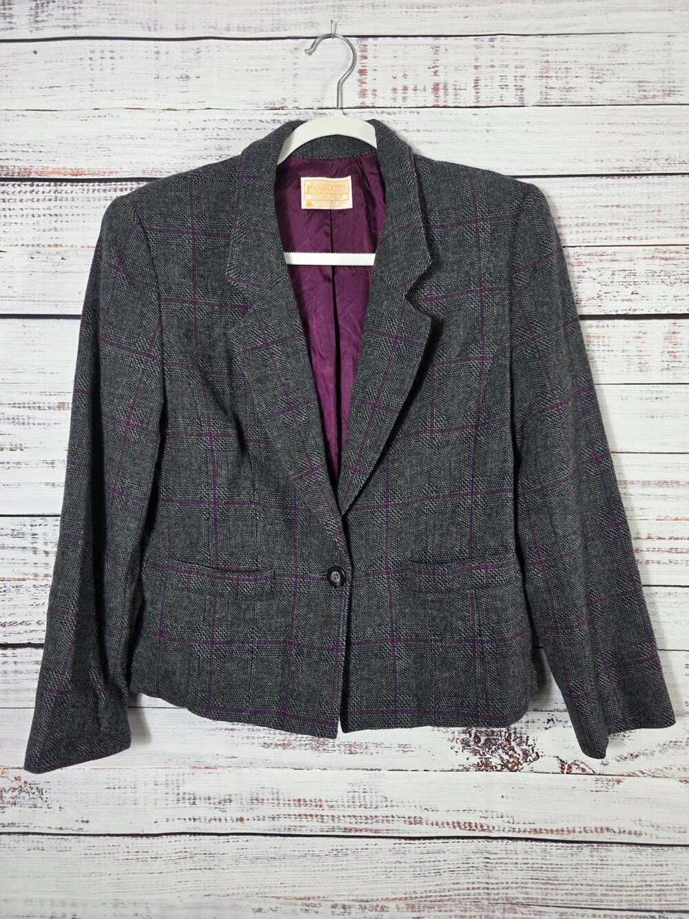 Pendleton Wool Blazer Womens 10 Gray Plaid Purple Lined 100% Virgin Wool USA